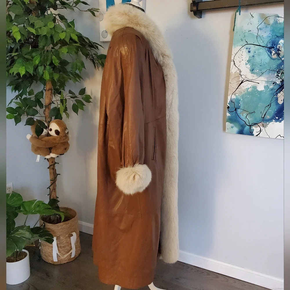 STAVROS Vtg Penny Lane Leather Coat Fox Fur Trim 80s - Picture 6 of 16